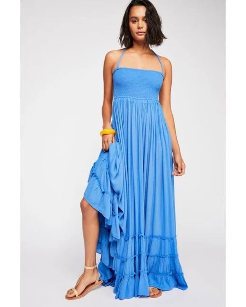 Free People Extratropical Maxi Dress Blue Halter Smocked Tiered Size XS Boho